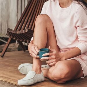 OLUKAI Nohea Shearling-Lined Nubuck Suede Slipper in pale grey